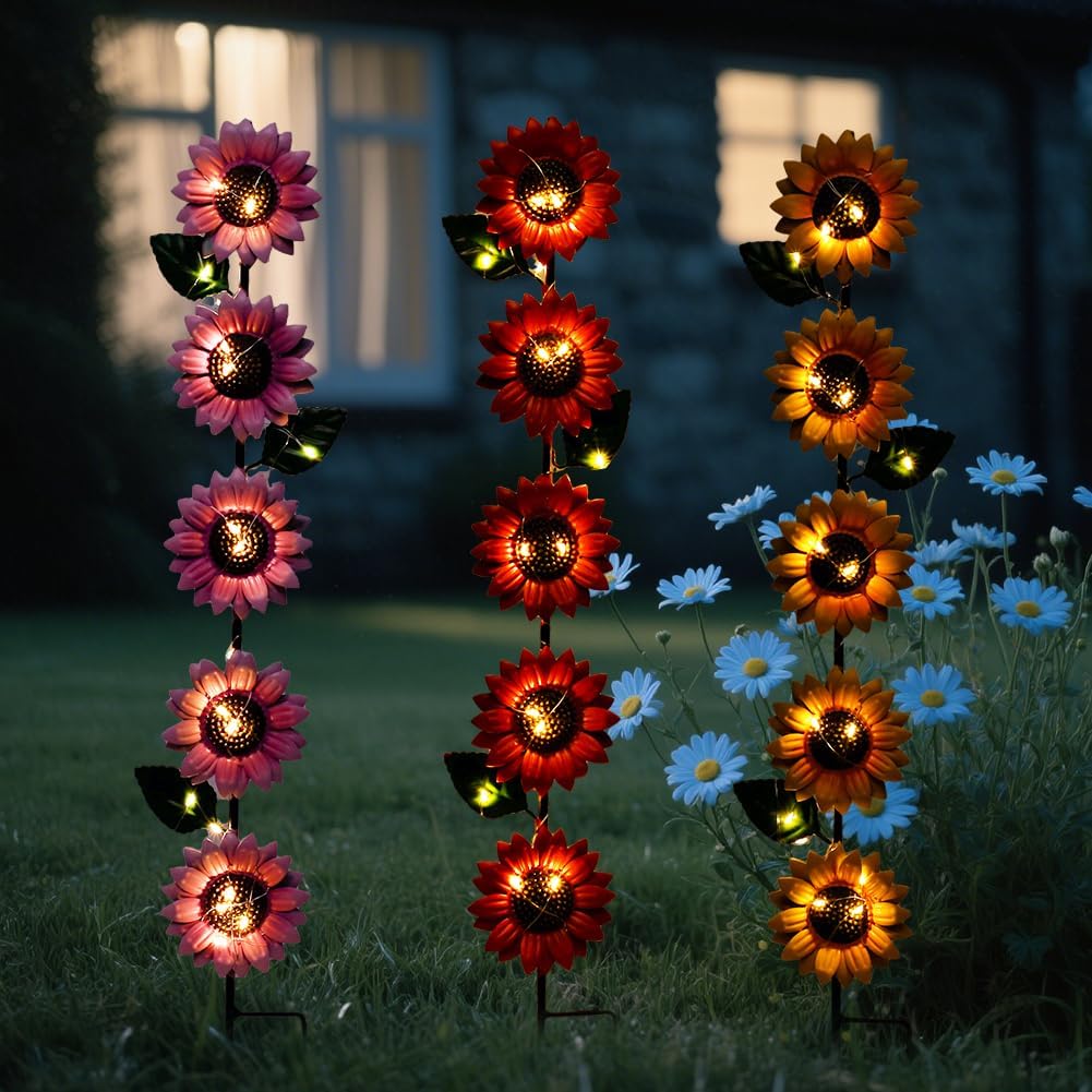 Solar Garden Stakes Lights,3 Pack Metal Sunflowers for Outside,Waterproof Solar Decorative Garden