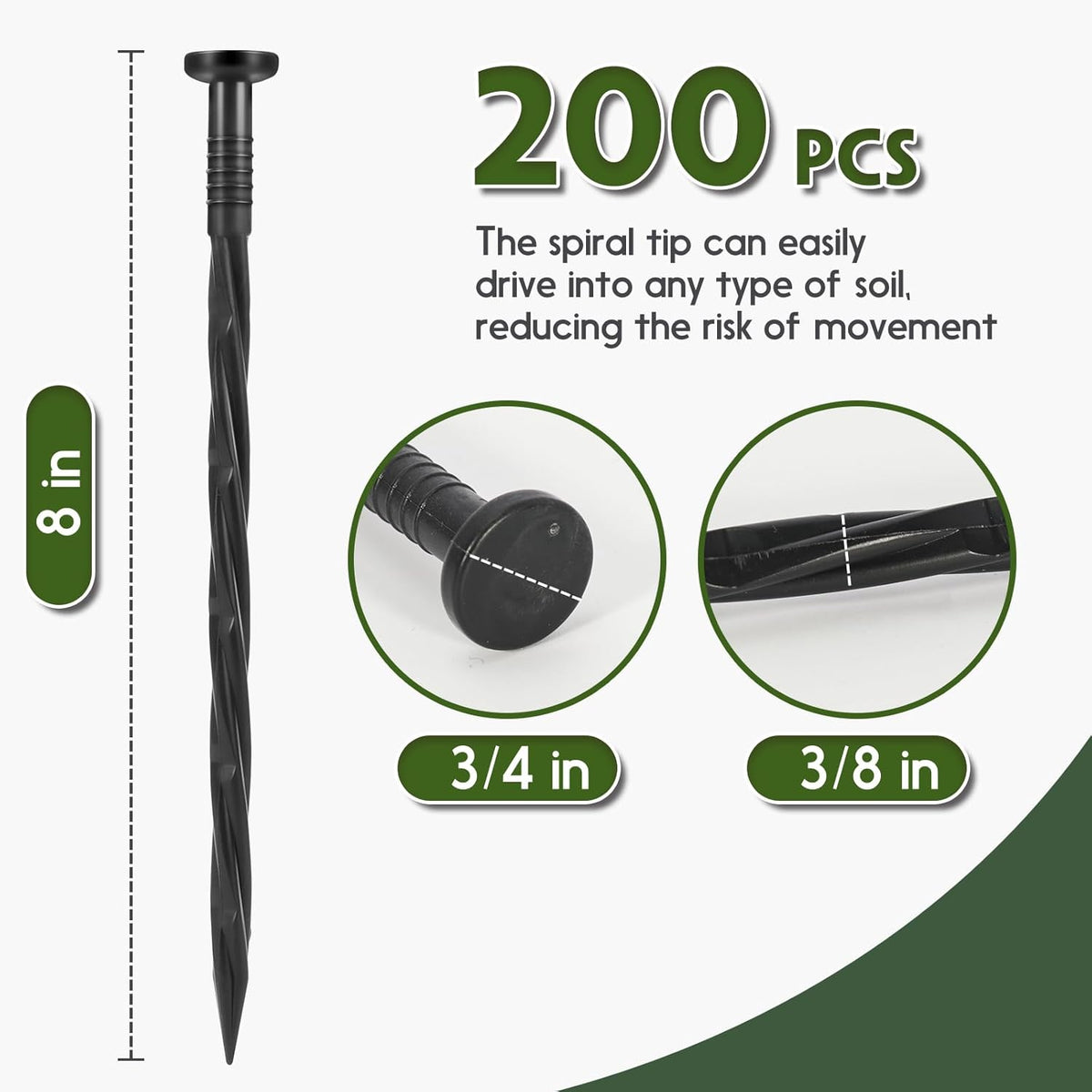 Landscape Edging Stakes, 200 Pcs 8" Plastic Garden Spikes, Spiral Nylon Anchoring Spikes for Paver