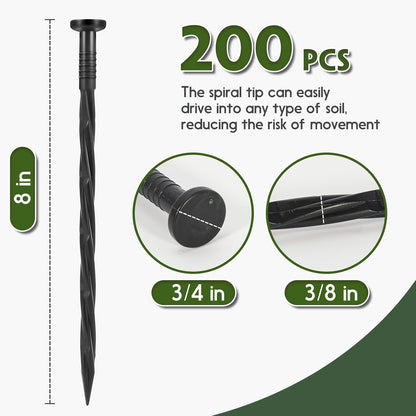 Landscape Edging Stakes, 200 Pcs 8" Plastic Garden Spikes, Spiral Nylon Anchoring Spikes for Paver