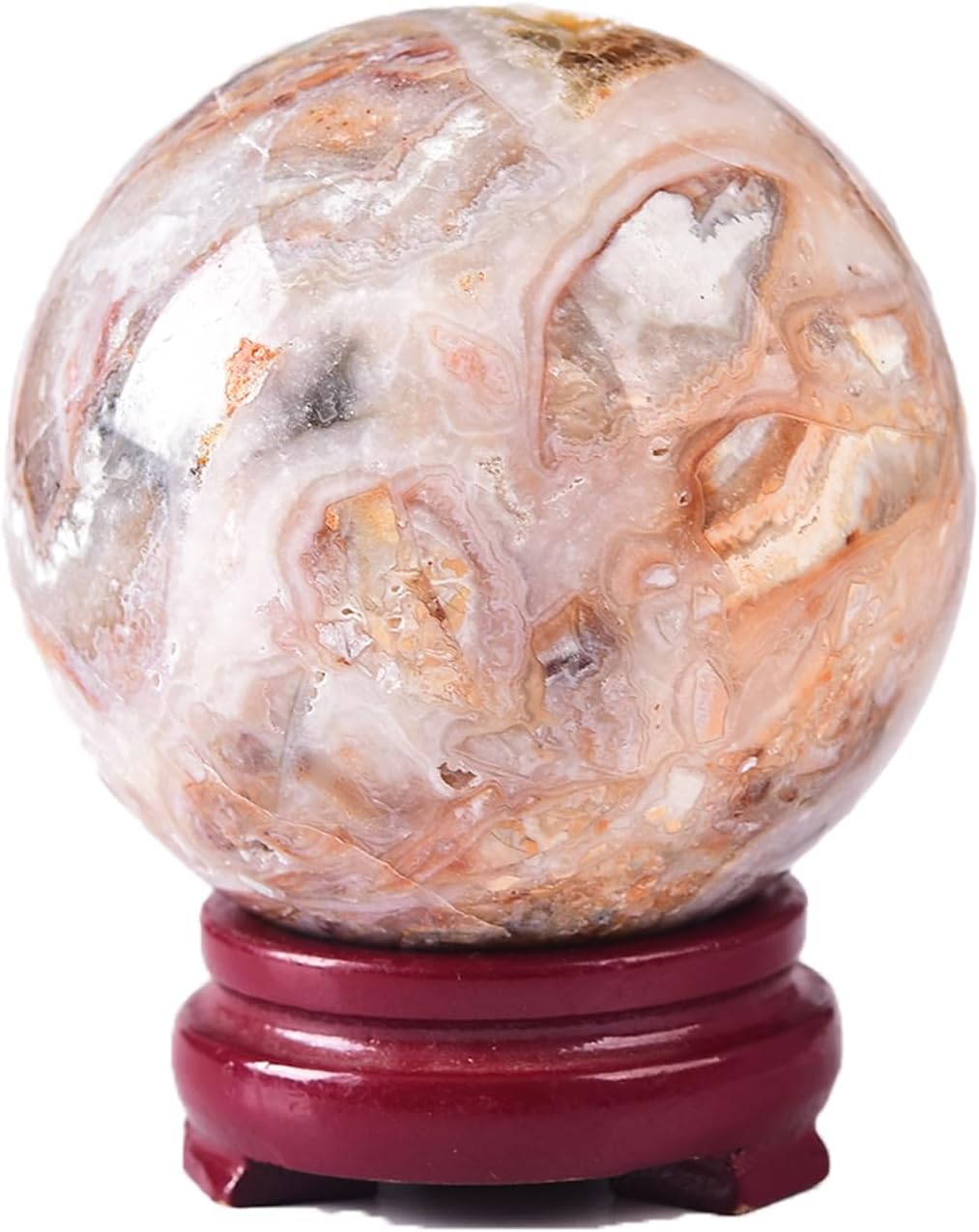 JIC Gem Natural Striped Agate Crystal Sphere with Wooden Stand Decorative Crystal Ball Healing