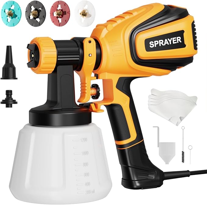Paint Sprayer, 700W HVLP Spray Gun with Cleaning & Blowing Joints, 4 Nozzles and 3 Patterns, Easy