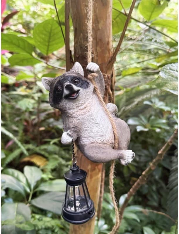 Raccoon Garden Decor Outdoor Statues Resin Climbing Twine with LED Light Waterproof Hanging Animal