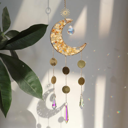 Moon Suncatcher Hanging Decor, Boho Chic Citrine Crystal Sun Catcher, Spritual Sun Light Catcher