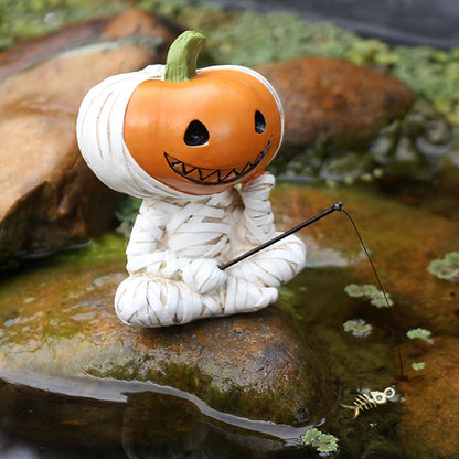 Fishing Pumpkin Head Mummy Statue Funny Halloween Decorations, 3.15 Inch Cute Sitting Figurine