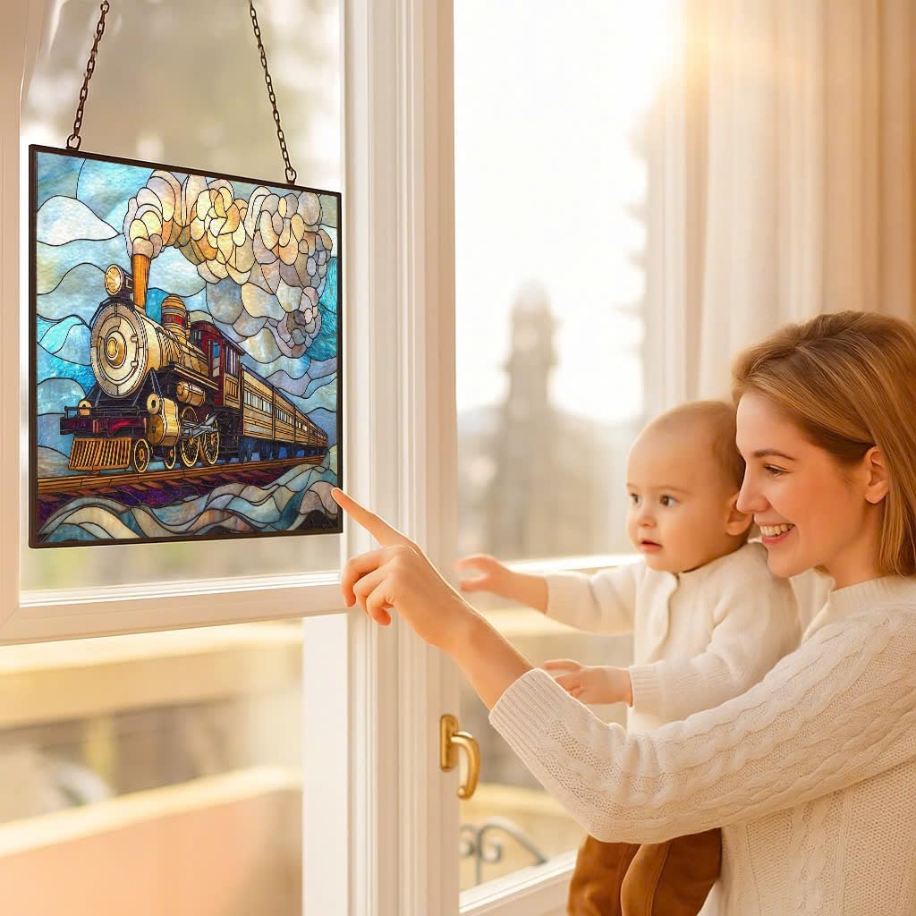 Personalized Rectangle Art Nouveau Steam Train Suncatcher Stained Glass Stained Glass Window