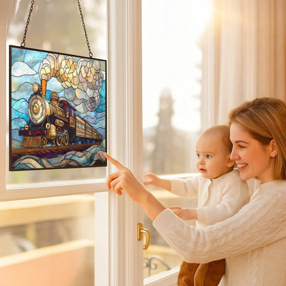 Personalized Rectangle Art Nouveau Steam Train Suncatcher Stained Glass Stained Glass Window