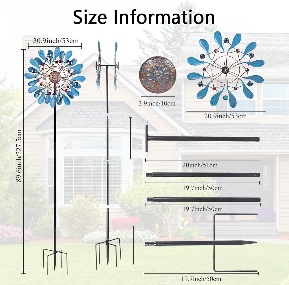 Stargarden Wind Spinners Outdoor, Large Kinetic Wind Spinner, Waterproof Blue Pinwheels with 4