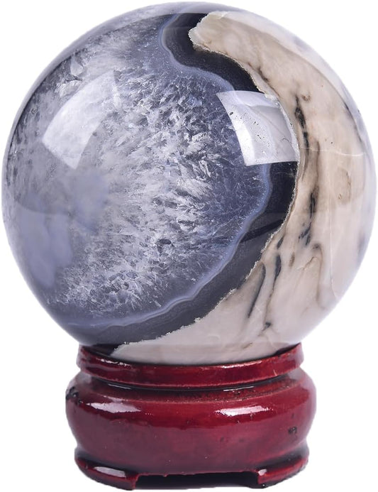 JIC Gem Volcanic Agate Crystal Sphere Large Quartz Crystal Ball with Stand Healing Ornament