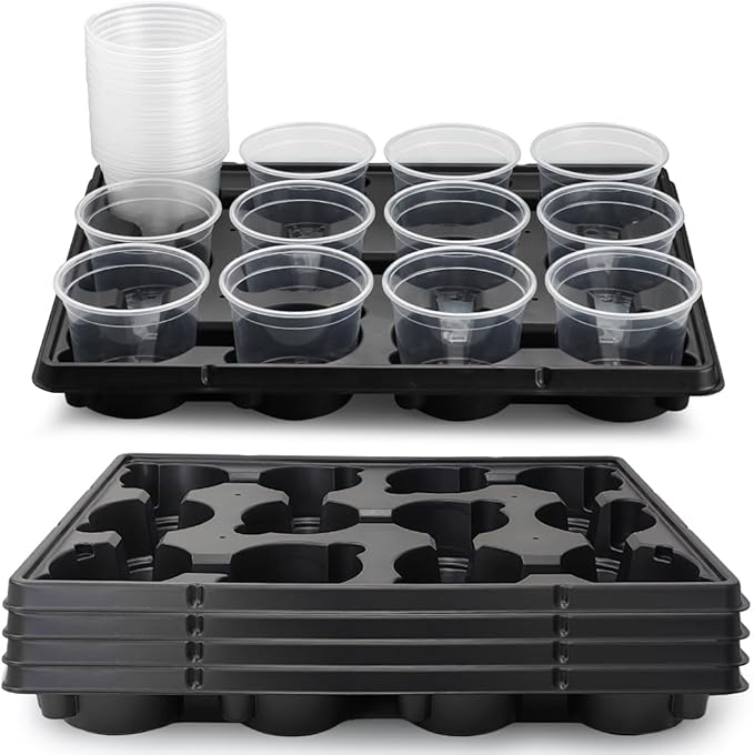 12 Cell Nursery Pot Trays 5 Pack with 4 Inch Clear Plant Pots 60 Pack, Thick Sturdy Seeds Starting