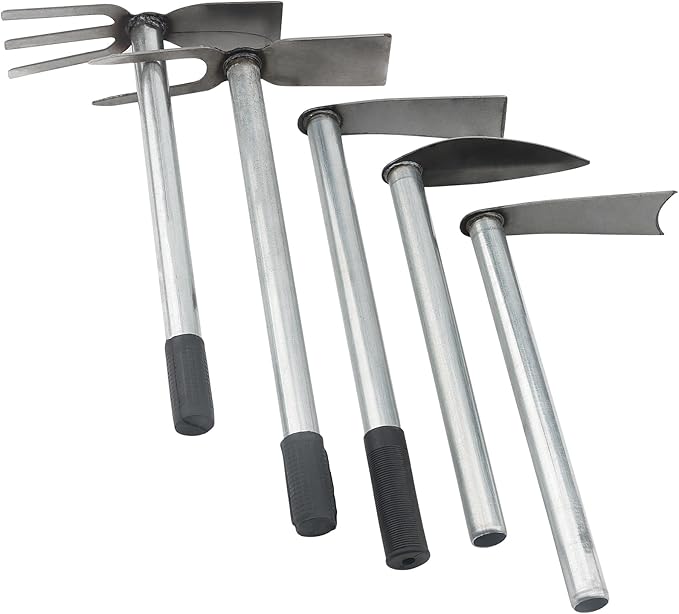 5 PCS Hoe Garden Tool Set, Hoe and Cultivator Hand Tiller, Heavy Duty Digging Hoes, 2 Fork and 3