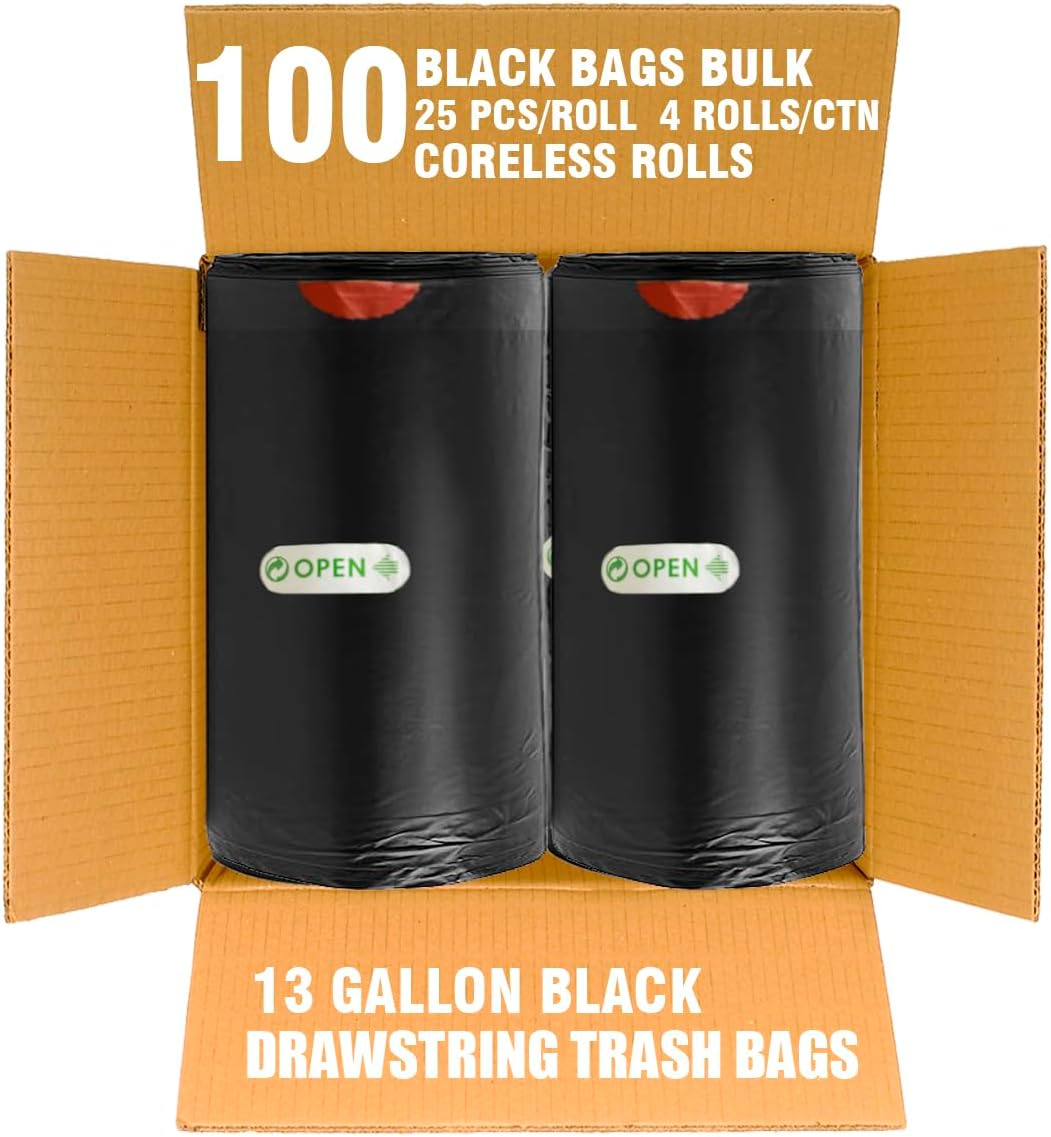 13 Gallon Trash Bags Drawstring, 100 Count Bulk, Black & Unscented Garbage Bags, Multi-purpose Tall