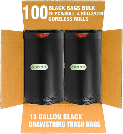 13 Gallon Trash Bags Drawstring, 100 Count Bulk, Black & Unscented Garbage Bags, Multi-purpose Tall