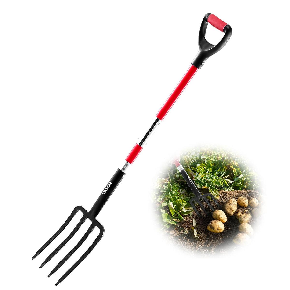 VEVOR Garden Fork, 4-Tine Gardening Pitchfork with Fiberglass Handle, 45 in Heavy Duty Digging Fork