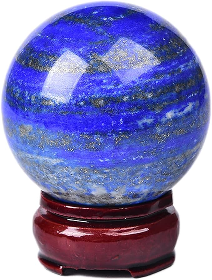 JIC Gem Lapis Lazuli Quartz Crystal Ball with Wooden Stand - Blue Crystal Sphere for Feng Shui
