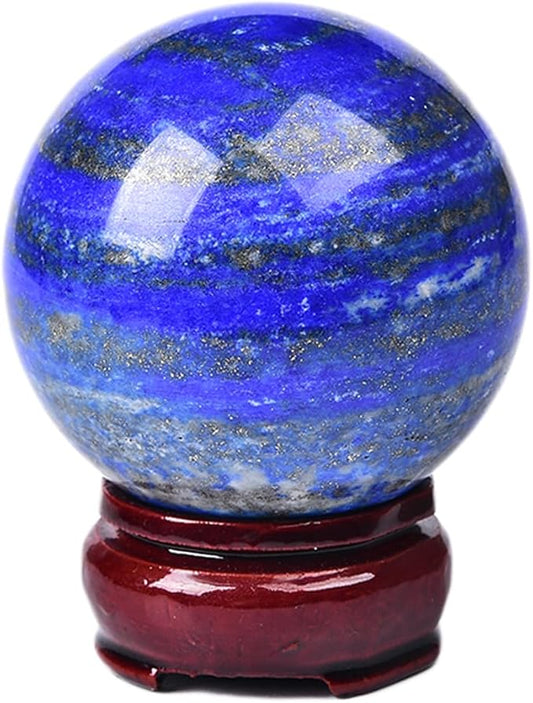 JIC Gem Lapis Lazuli Quartz Crystal Ball with Wooden Stand - Blue Crystal Sphere for Feng Shui