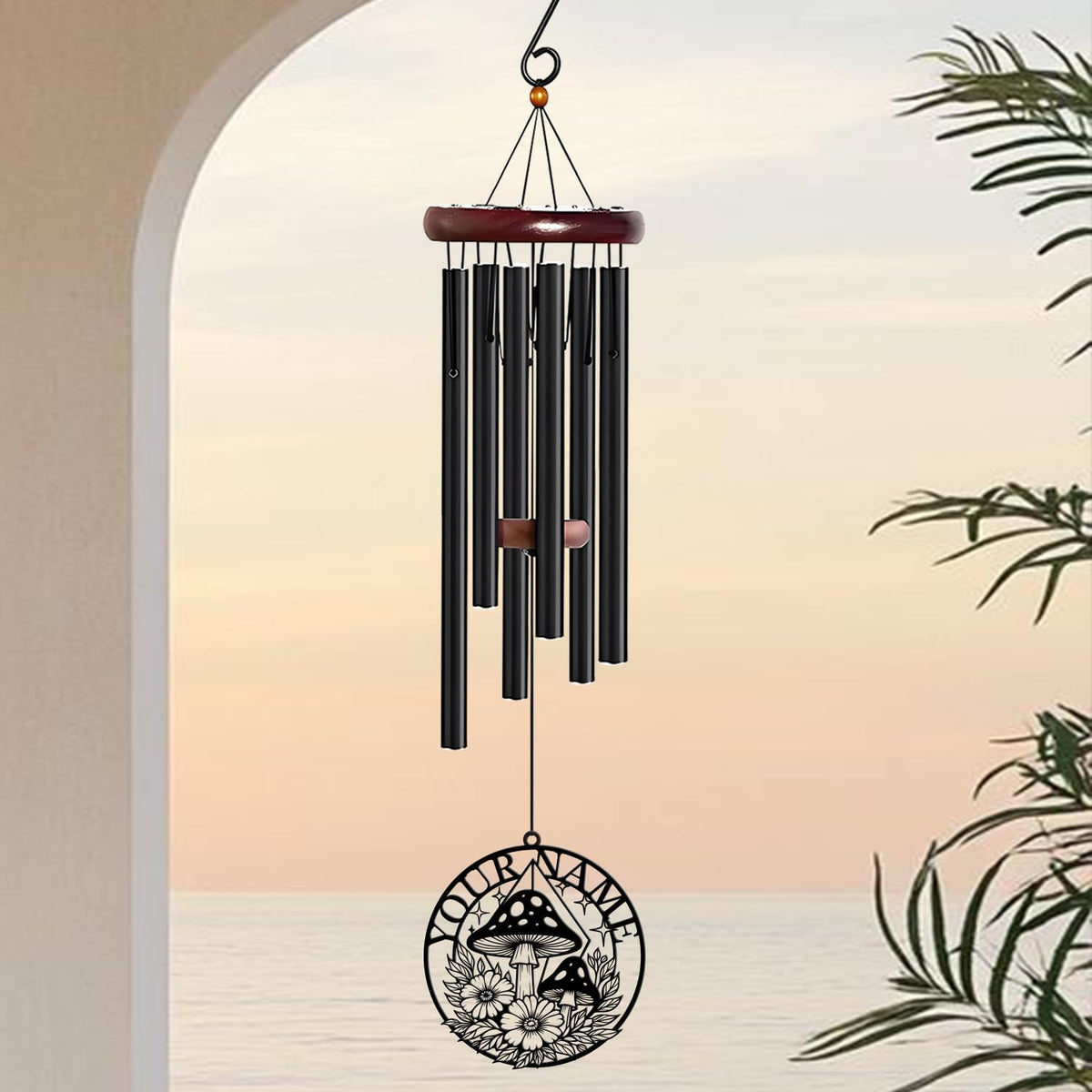 Personalized Customize Name Fantasy Mushroom Wonderland Wind Chime, Metal Iron 37 Inch Outdoor
