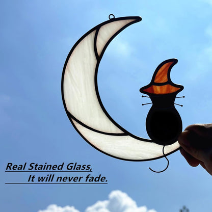 Stained Glass Halloween Black Cat Decor Gifts for Cat Lovers Memorial, Handmade Gothic Witch Hat