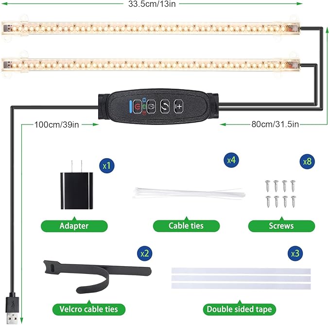 2 Head 13 Inches LED Grow Light Strips, Grow Lights for Indoor Plants Full Spectrum 3500K, 96 LEDs