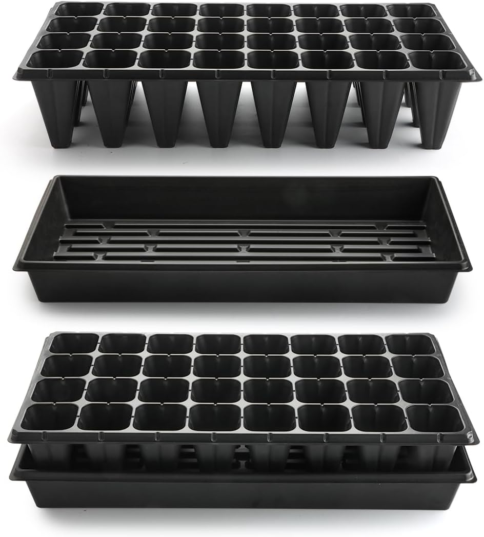 10 Pack 1020 Seedling Starter Trays with 10 Pack 32 Cell Plug Inserts Extra Deep 4.33" - Heavy Duty