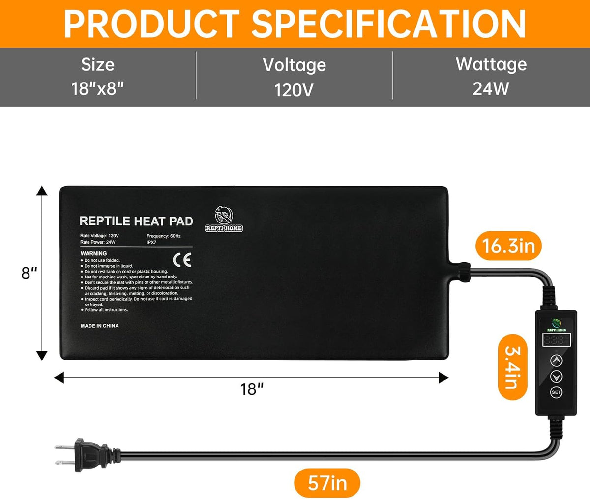 Reptile Heat Pad with Digital Thermostat, Under Tank Terrrarium Heat Mat 24W 8 * 18 Inch