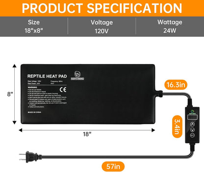 Reptile Heat Pad with Digital Thermostat, Under Tank Terrrarium Heat Mat 24W 8 * 18 Inch