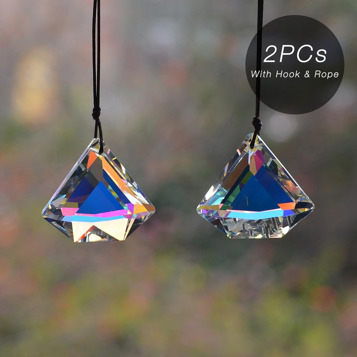 2PCS Clear Diamond Crystal Sun Catcher Prisms, STINO Hanging Suncatchers with Glass Prism, Rainbow