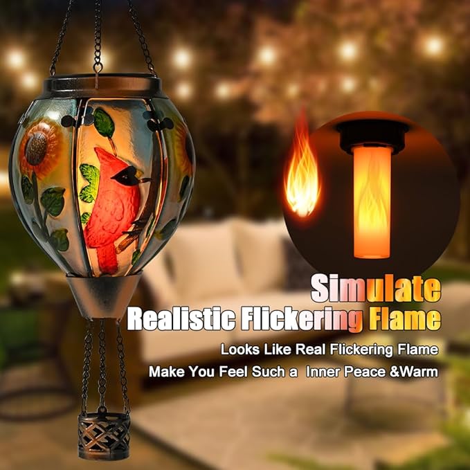 Hot Air Balloon Solar Lantern - Large Cardinal Bird Glass Lantern, Simulated Flickering & Dancing