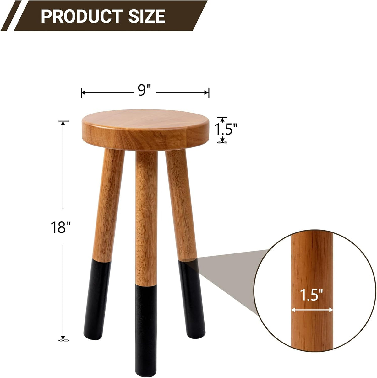 Rubber Wood 9" Round Plant Stand |Dip Dyed Black Accent Stool |Small Drinking Table |Side Table(18"