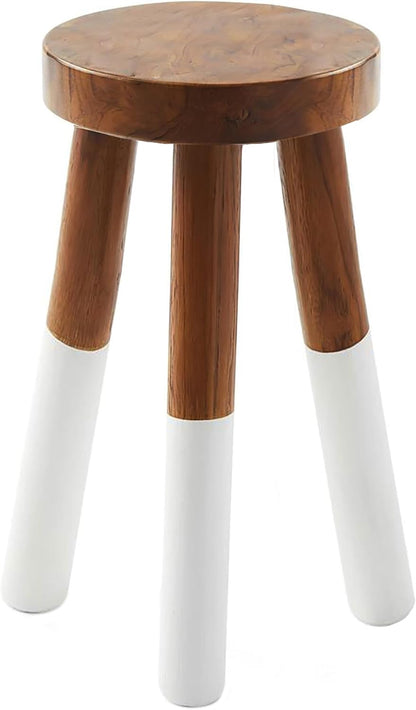 Teak 11.8" Round Dip Dyed Teak Stool | Wood Accent Side Table | Wood Plant Stand (24" Tall White)