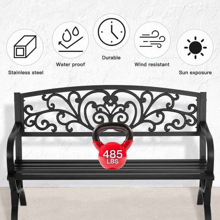Patio Garden Bench 50 inch Outdoor Metal Loveseat Chairs with Armrests Slatted Seat and w/Floral