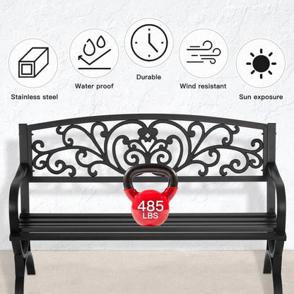 Patio Garden Bench 50 inch Outdoor Metal Loveseat Chairs with Armrests Slatted Seat and w/Floral