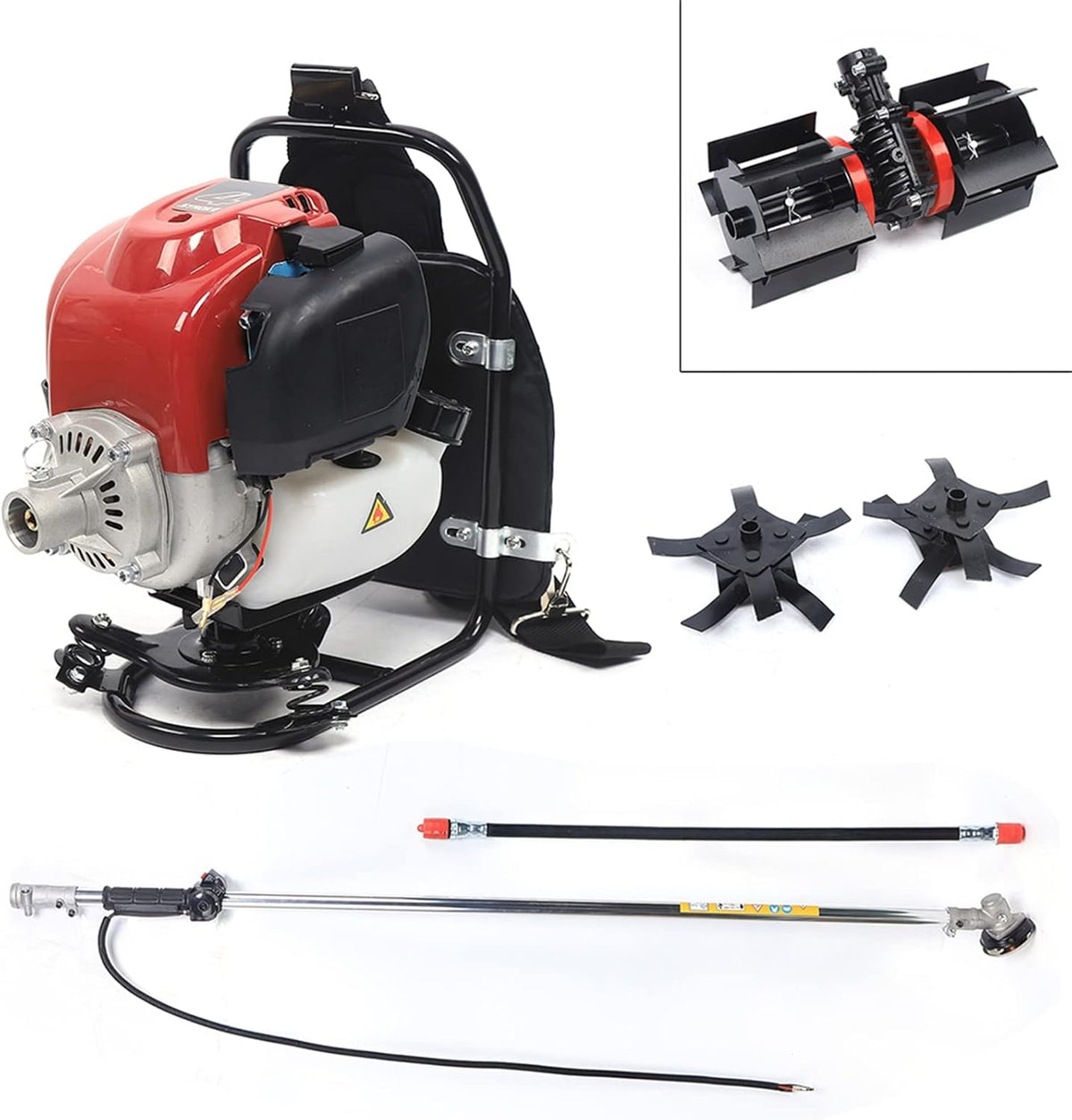 Lawn Mower, 3-in-1 4 Stroke Gasoline Backpack Tiller Grass Weeding Trimmer, 1.4HP Air-Cooled Engine