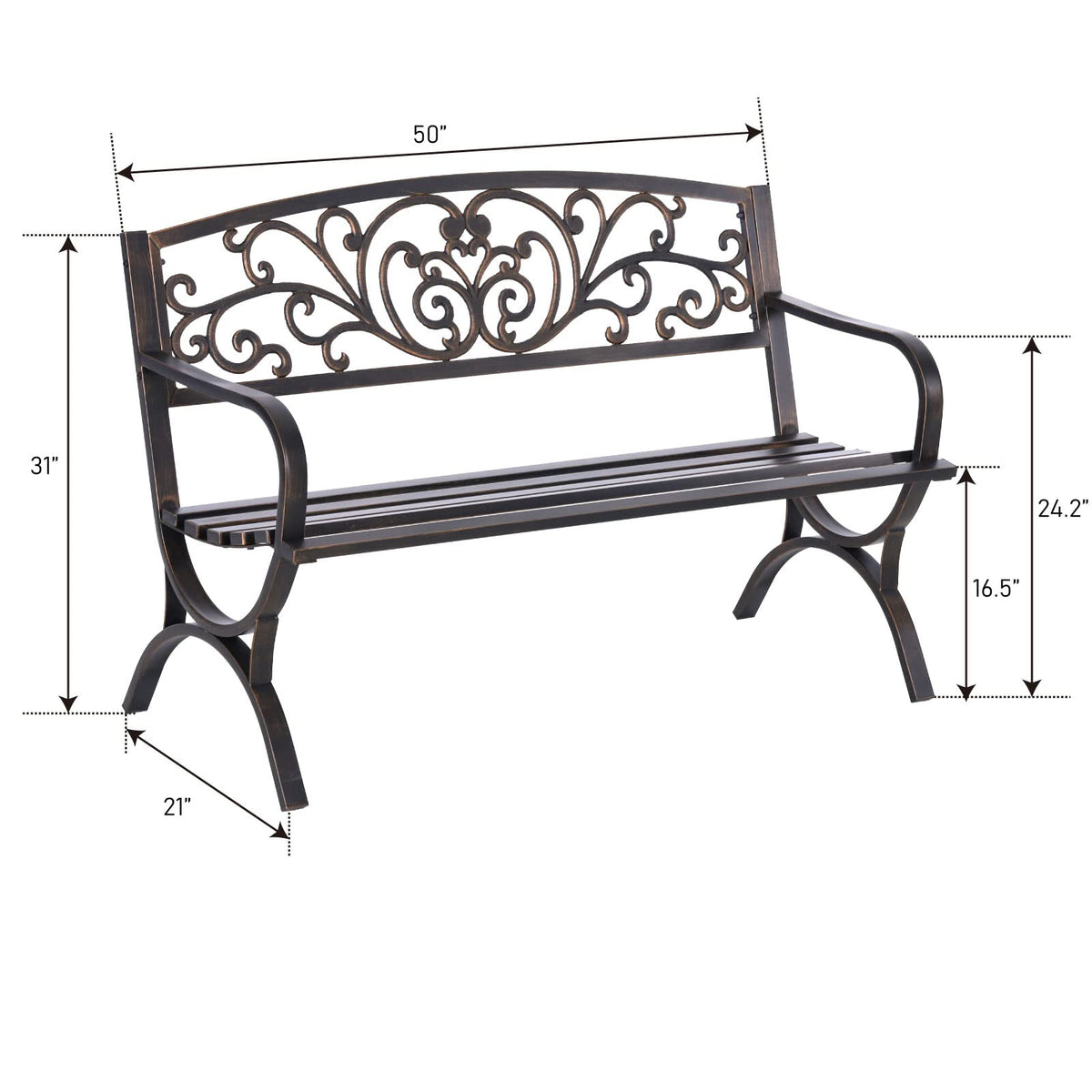 MFSTUDIO 50 Inches Outdoor Garden Bench Cast Iron Metal Frame Floral Bronze