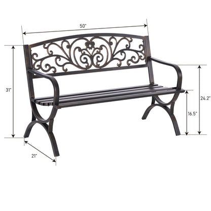 MFSTUDIO 50 Inches Outdoor Garden Bench Cast Iron Metal Frame Floral Bronze