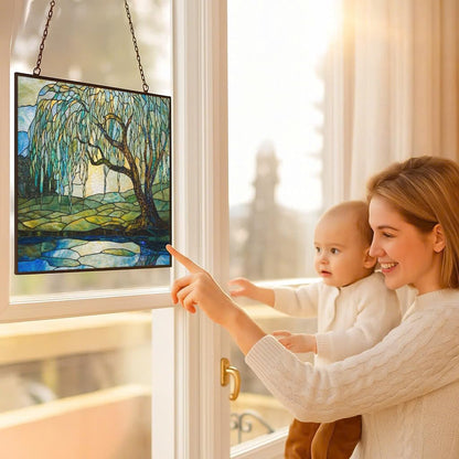 Customized Rectangle Art Nouveau Willow Pond Tree Stained Glass Window Hanging Sun Catcher