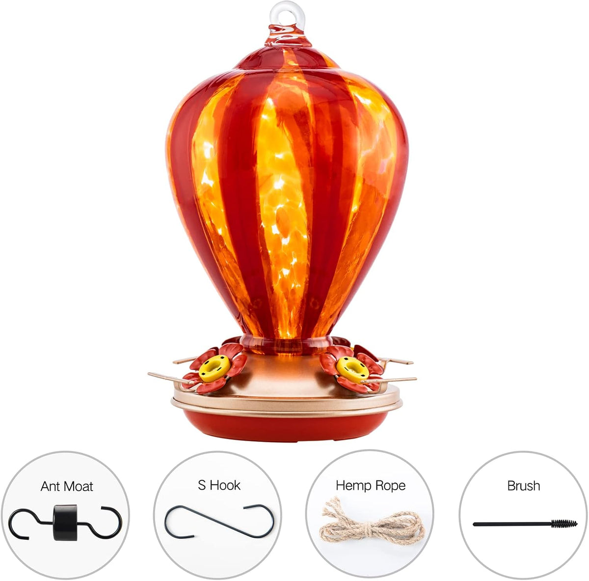 Hummingbird Feeder, 34OZ Hand Blown Glass Hummingbird Feeders for Outdoors Hanging, 4 Feeding Perch