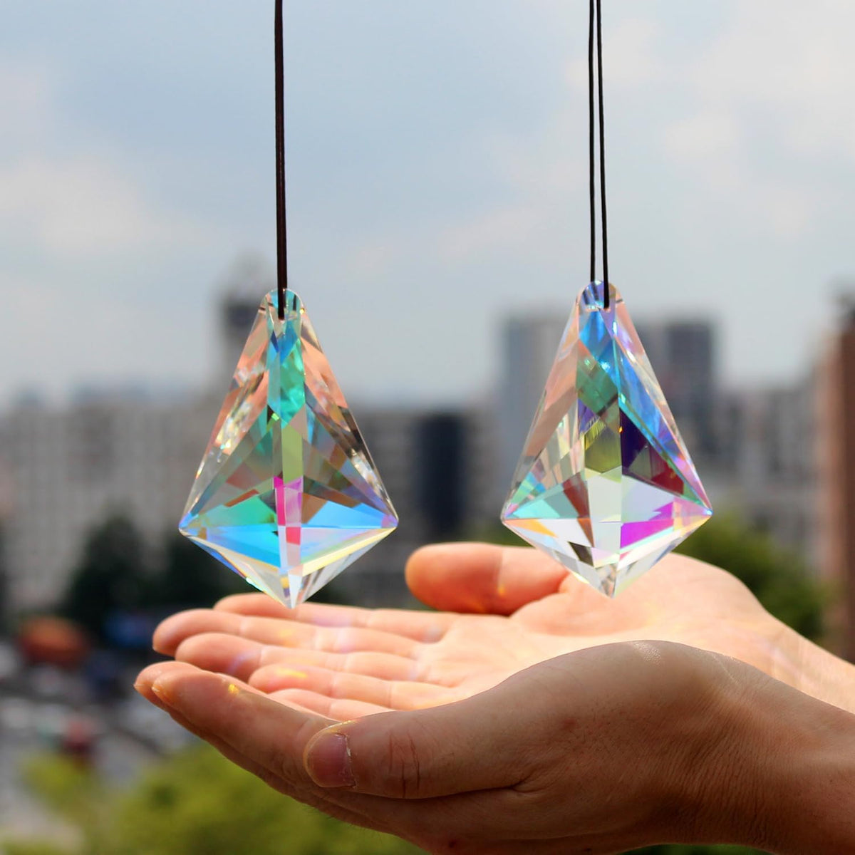 2PCS 5" Large Crystal Sun Catcher Prisms, STINO Hanging Suncatchers with Glass Prism, Rainbow Maker