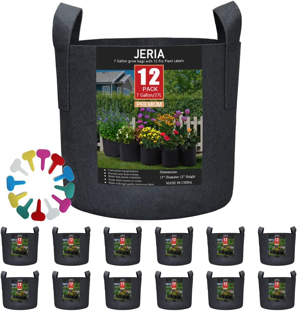 JERIA 12-Pack 7 Gallon, Vegetable/Flower/Plant Grow Bags, Aeration Fabric Pots with Handles