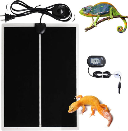 MQ Reptile Terrarium Heat Pad with LCD Digital Aquarium Thermometer, 6 x 11in Power Adjustment