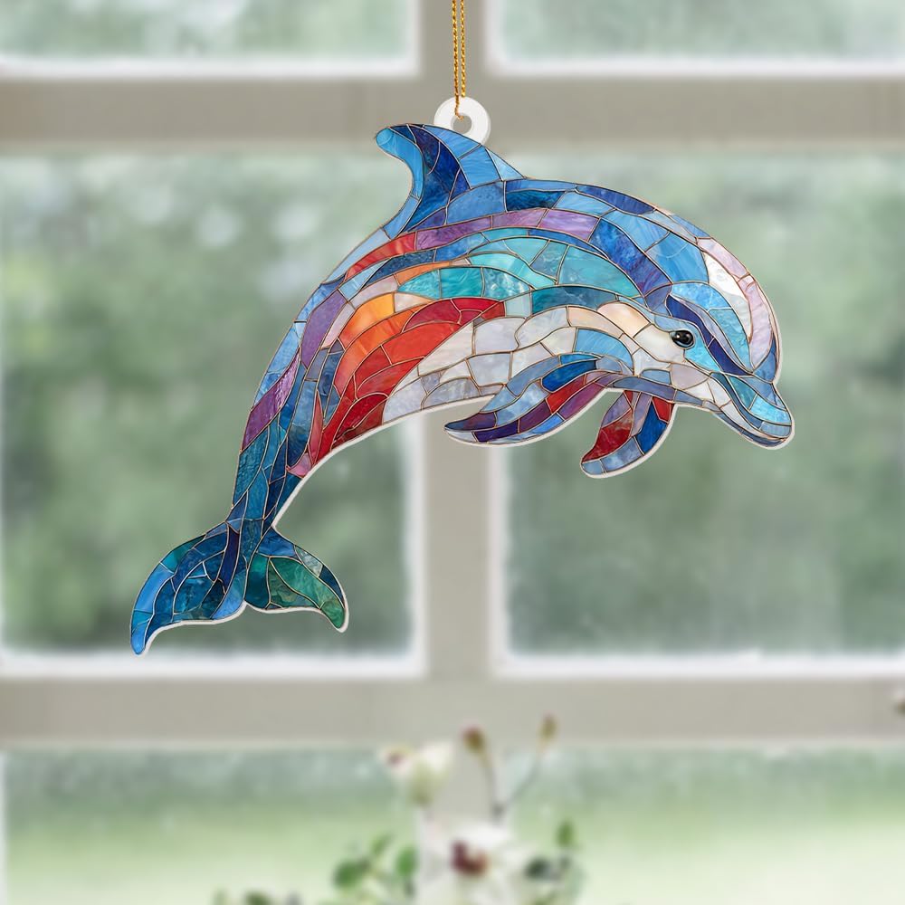 Dolphin Stained Glass Ornament, Ocean Marine Life Window Hanging Suncatcher Acrylic Decor, Nautical