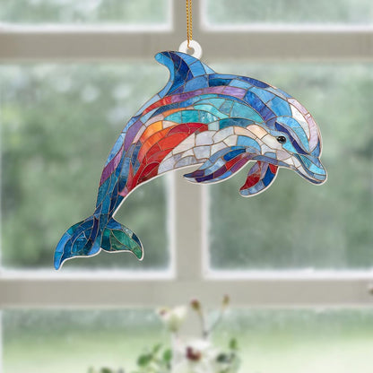 Dolphin Stained Glass Ornament, Ocean Marine Life Window Hanging Suncatcher Acrylic Decor, Nautical