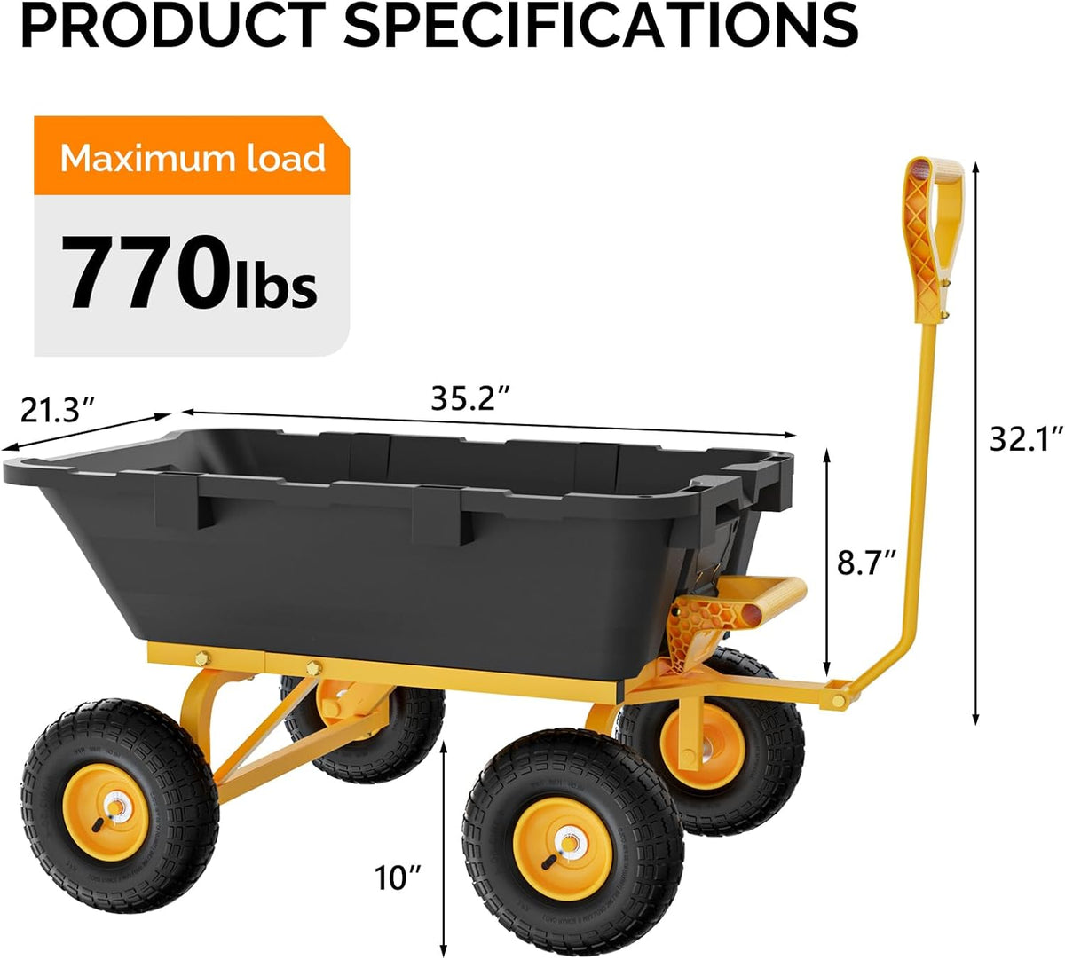 VINGLI Heavy Duty Dump Cart Wagon, 770LBS Quick-Release Dump Poly Wheelbarrow, 10in All-Terrain