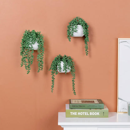 MyGift Artificial Faux String of Pearls Plants in White Ceramic Wall Hanging Planter Pot with Jute