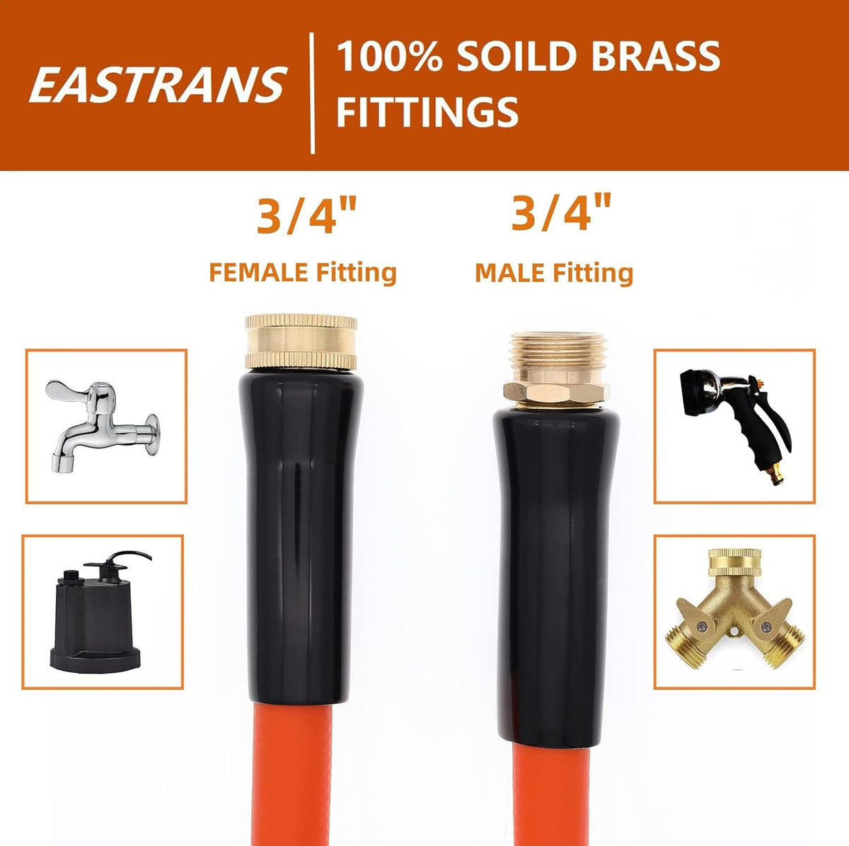 EASTRANS Short Garden Hose 10 ft x 5/8", Heavy Duty Orange Water Hose with 3/4" Solid Brass