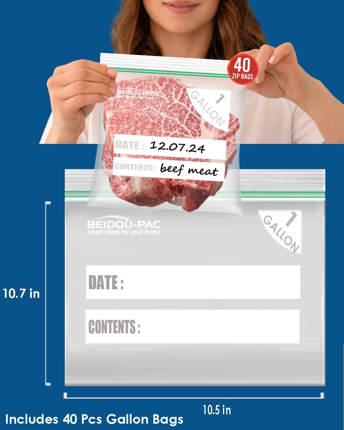 Gallon Food Storage Freezer Bags, 250 Count | Double Zipper | 10.5" * 10.7", Freshness Easy Open