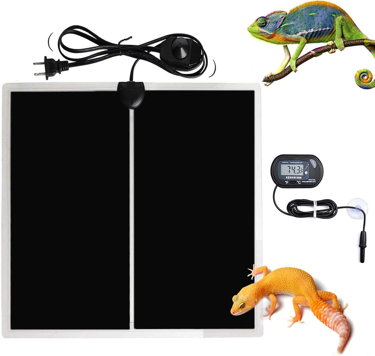 MQ Reptile Terrarium Heat Pad with LCD Digital Aquarium Thermometer, 11 x 11in Power Adjustment
