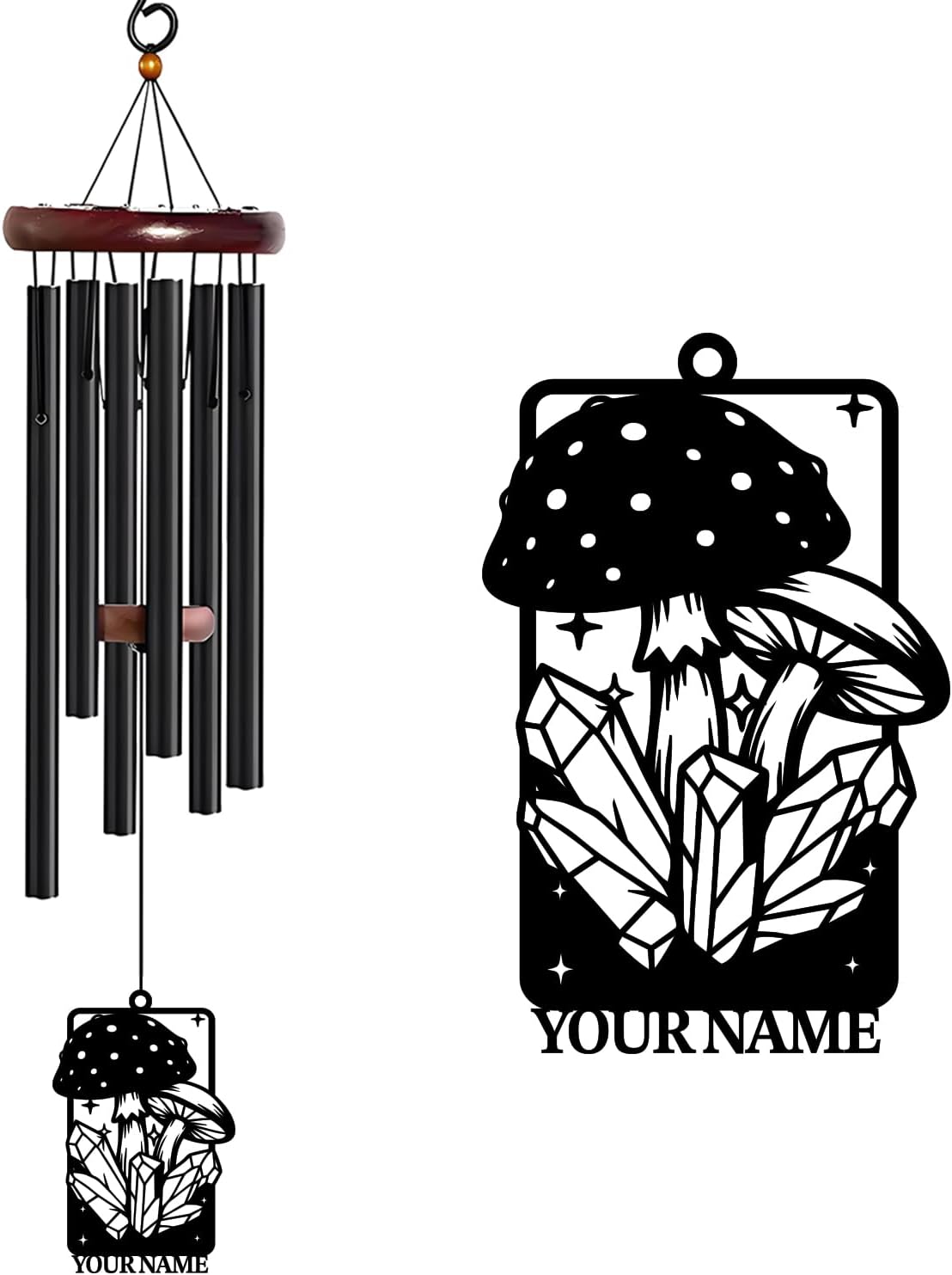 Personalized Customize Name Fantasy Mushroom Wonderland Wind Chime, Metal Iron 37 Inch Outdoor