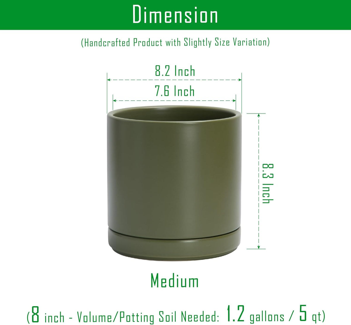 D'vine Dev 8.2 Inch Ceramic Planter Pot with Drainage Hole and Saucer, Indoor Cylinder Round