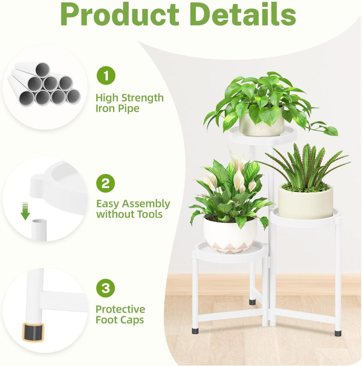 iDavosic.ly 3 Tier Folding Plant Stand Indoor Outdoor with Plastic Tray, Tiered Corner Flower