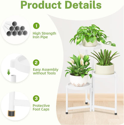 iDavosic.ly 3 Tier Folding Plant Stand Indoor Outdoor with Plastic Tray, Tiered Corner Flower
